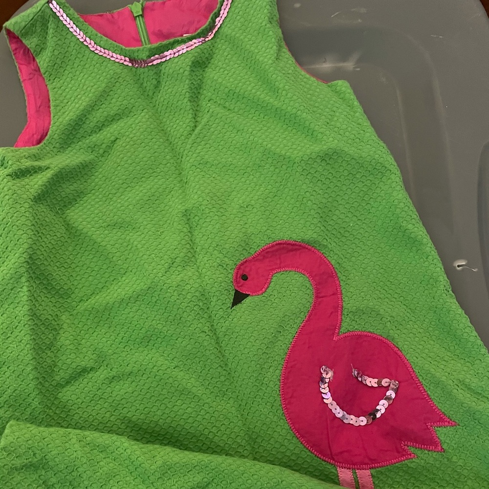 Green, pink flamingo girls dress